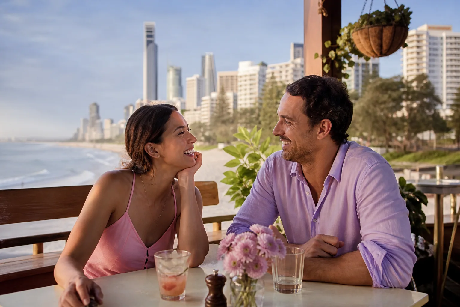 Two people talking beside the Broadwater on the Gold Coast