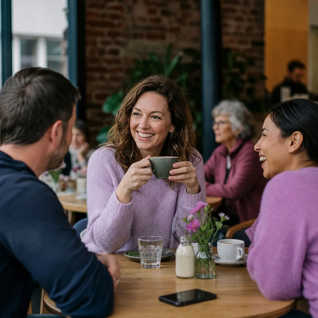 Two adults meeting in daylight at a busy Gold Coast cafe